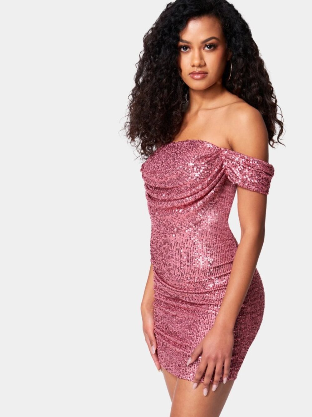 bebe Sequin Drapey Ruched Mini Dress L NWT Mauvewood Pink Barbie Vegas Party